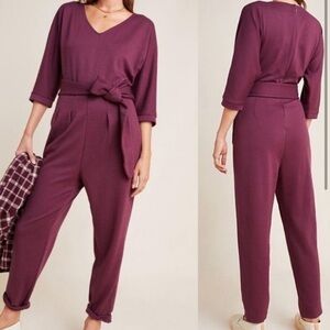 Anthropologie Ponte Sutton Berry Purple 3/4 Sleeve Tapered Leg Jumpsuit SZ XS